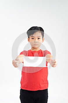 Asian boy wearing protective mask to protect pollution and the flu isolated on white background, Healthy concept