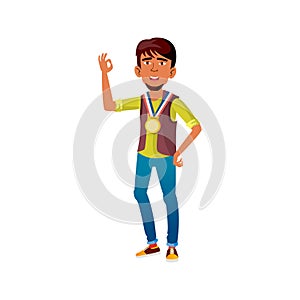 asian boy winner with medal gesturing ok cartoon vector