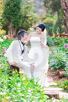 Asian Bride and Groom on Natural Background