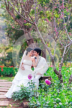 Asian Bride and Groom on Natural Background