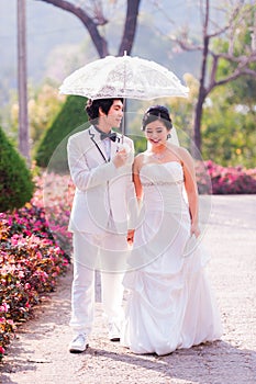 Asian Bride and Groom on Natural Background