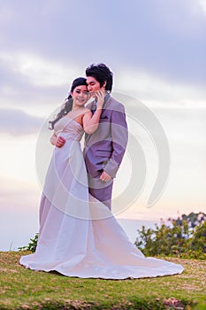 Asian Bride and Groom Standing on Mountain