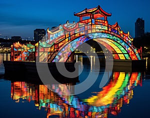 asian bridge in colorful colors by the river at night photo