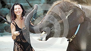 Asian brunette woman interacting with big thai elephant in sea waves on tropical island. Concept of unity of nature and