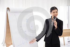 Asian businees leader woman confident lead presentor in meeting class seminar. company marketing presented higher earnings grow