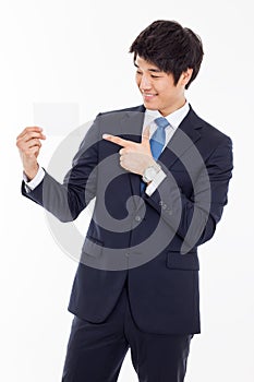 Asian business man with blank card.