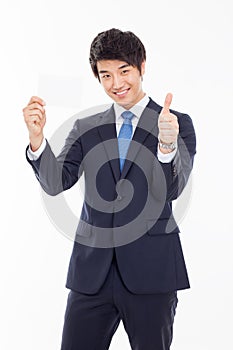 Asian business man with blank card.