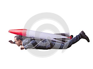 asian business man flying with rocket power isolated white background for speed and competition in leader ship concept