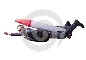 asian business man flying with rocket power isolated white background for speed and competition in leader ship concept