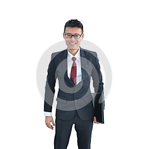 Asian Business man holding laptop computer isolated on white background, clipping path inside