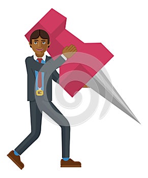 Asian Business Man Holding Thumb Tack Pin Mascot