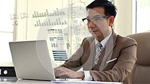 Asian Business man Looking Intense at the Sales Figures on the Computer