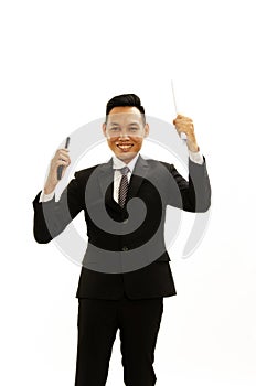 Asian business man smile show document and mobilephone in hand o