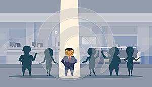 Asian Business Man With Spot Light Successful Busnessman Standing Out Silhouette Crowd Office Interior Background