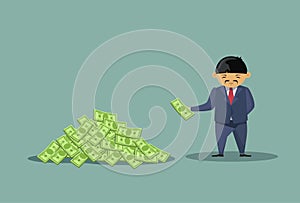 Asian Business Man Throwing Dollars In Big Heap Rich Cartoon Chinese Business Man Financial Success Concept