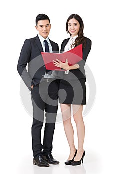 Asian business man and woman discussing
