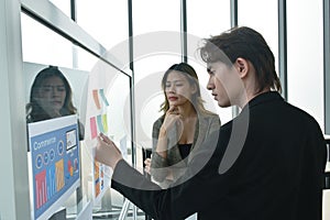 Asian business man and woman looking at paper note stick on glass board to discuss and working in office