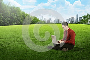 Asian business man working with laptop and sitting on the grass