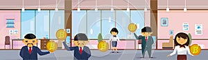 Asian Business People Group Holding Bitcoins Coins Financial Success Cryptocurrency Mining Concept Horizontal Banner