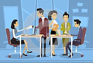 Asian Business People Meeting Discussing Office Desk Businesspeople Working Flat
