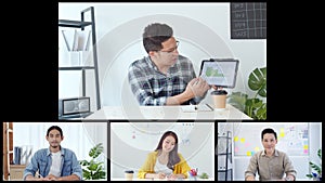 Asian business people, office coworkers on video online conference call, remote team meeting collage screen