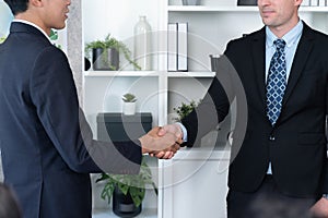 Asian business people shake hand after made successful deal. Quaint