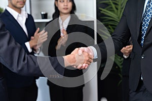 Asian business people shake hand after made successful deal. Quaint