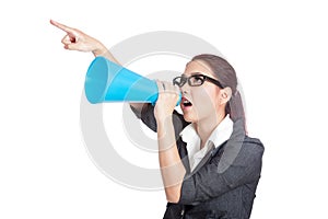 Asian business woman angry yell and point with megaphone