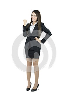 Asian business woman celebrating cheerful for her success. Full body isolated on white background.