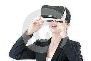Asian business woman communication by VR headset glasses
