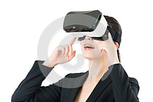 Asian business woman communication by VR headset glasses