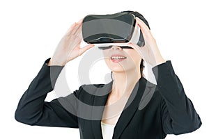 Asian business woman communication by VR headset glasses