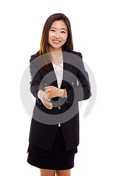 Asian business woman giving hand.