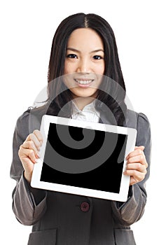 Asian business woman hold tablet , focus on tablet