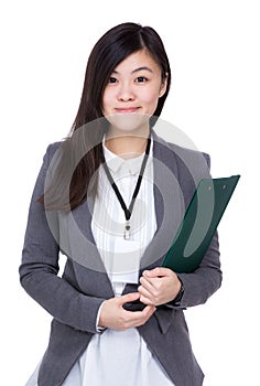 Asian business woman holding clipboard