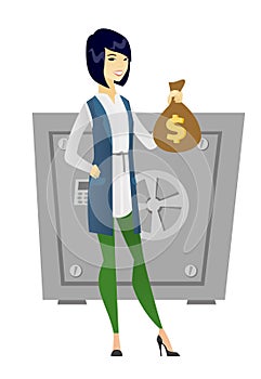 Asian business woman holding a money bag.