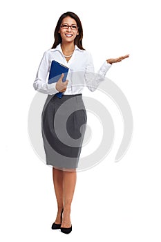 Asian business woman presenting copy space.