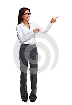 Asian business woman presenting copy space.