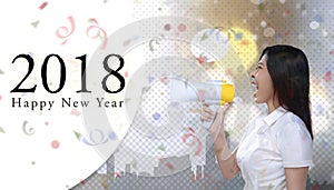 Asian business woman shout 2018 happy new year