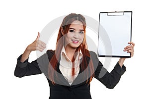 Asian business woman show thumbs up and blank clipboard.