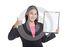 Asian business woman show thumbs up and blank clipboard..