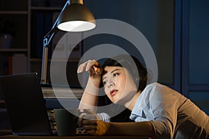 Asian business woman sleepy working overtime late night
