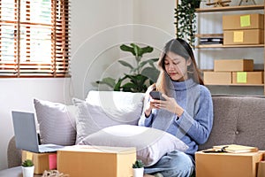 Asian business woman on sofa using a laptop computer checking customer order online shipping boxes at home. Starting SME Small