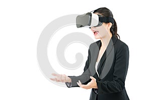 Asian business woman surprise receive gift by VR headset