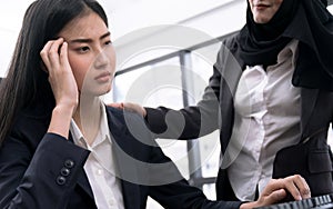 Asian business woman upset about life problems with support from his best friend