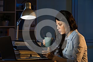 Asian business woman use digital tablet working late overtime