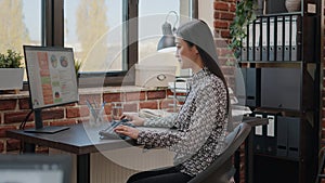 Asian business woman using computer to work on project