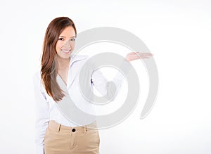 Asian business woman on white background with copy space