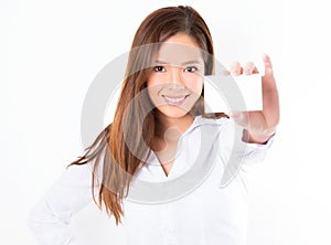 Asian business woman on white background with copy space