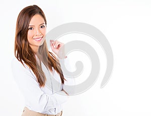 Asian business woman on white background with copy space